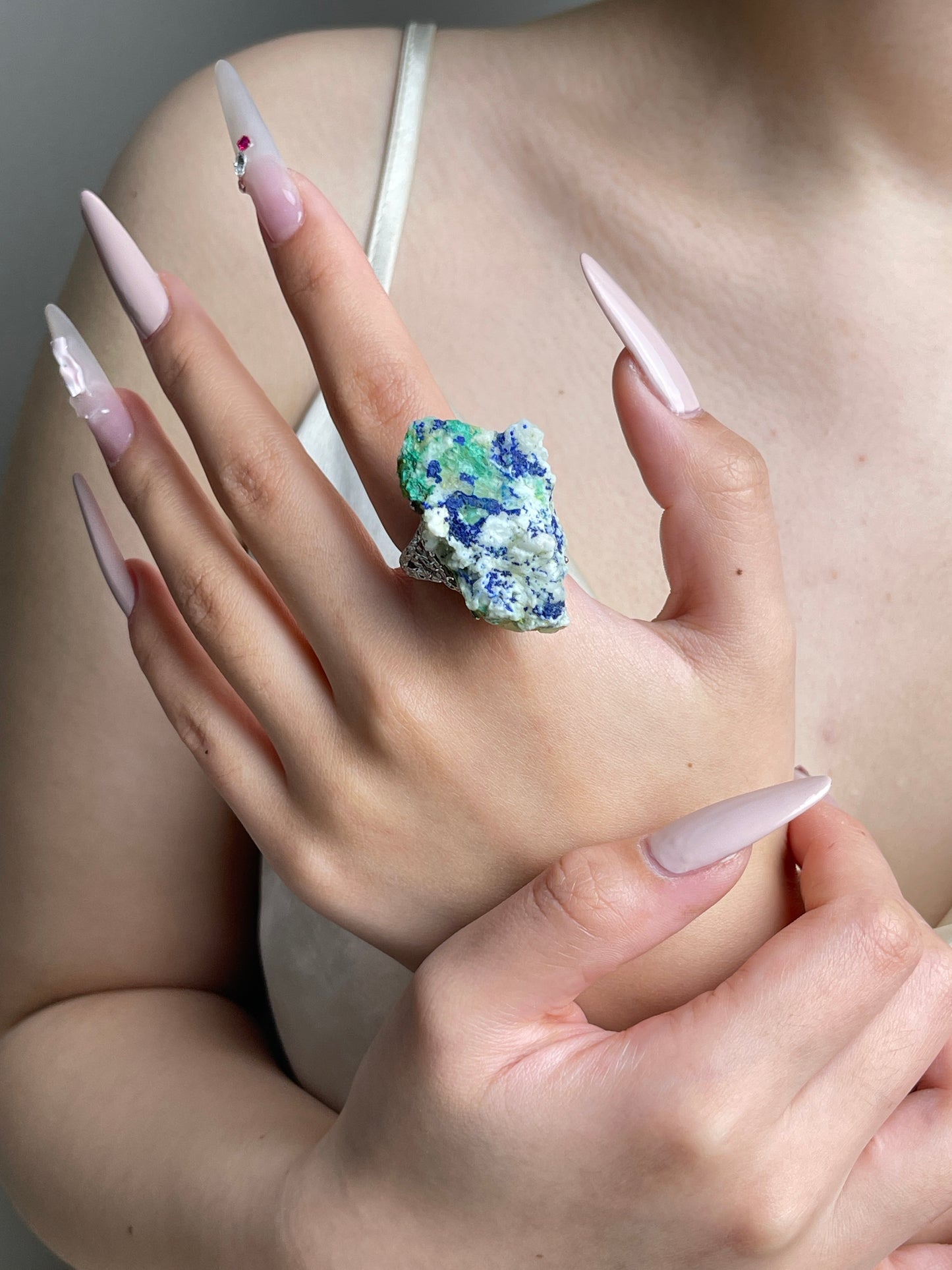 Chalcopyrite with Malachite and Quartz Mineral Specimen Ring