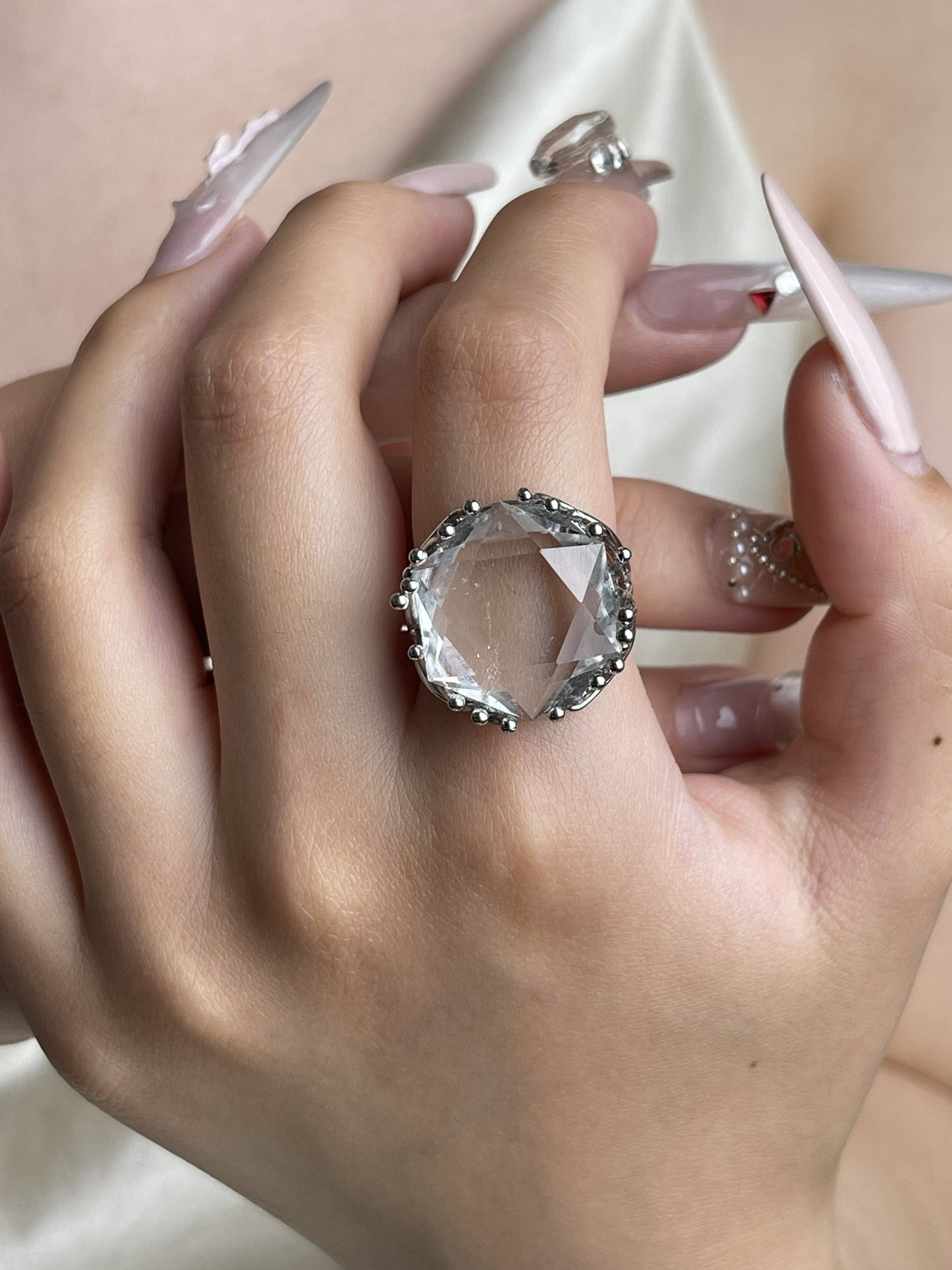Clear Quartz Six-Point Geometric Ring