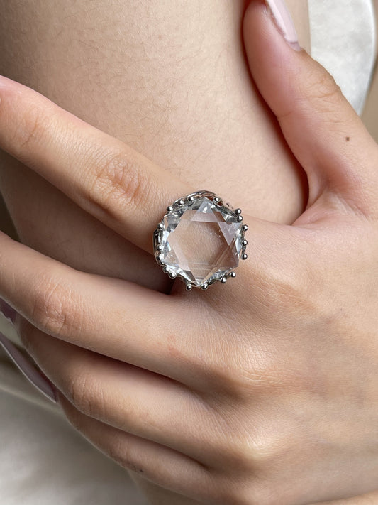 Clear Quartz Six-Point Geometric Ring