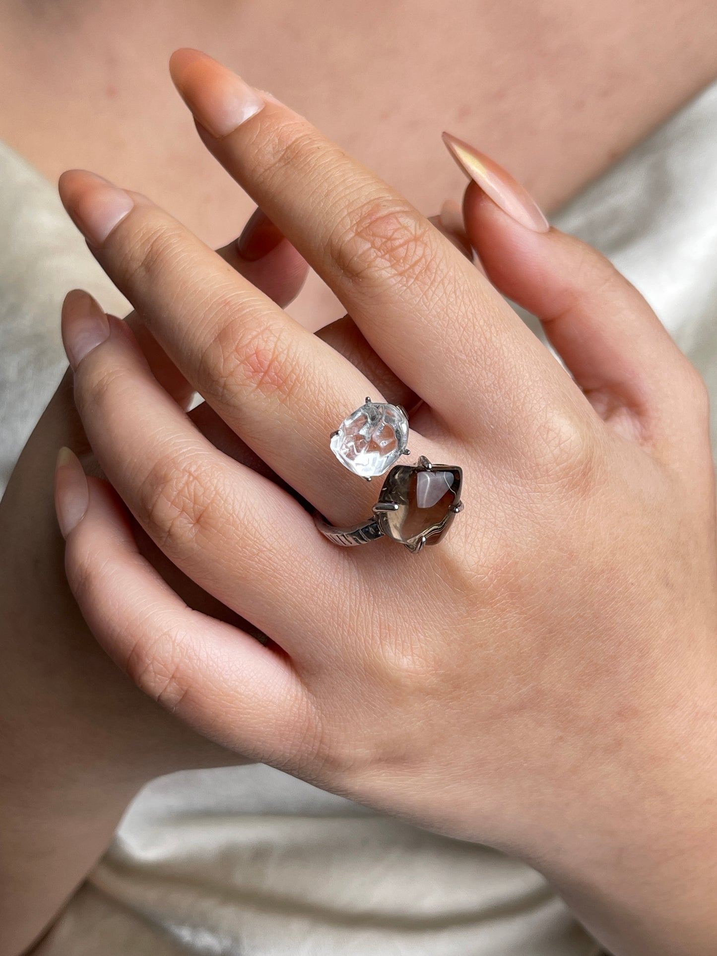 Clear Quartz & Smoky Quartz Freeform Ring