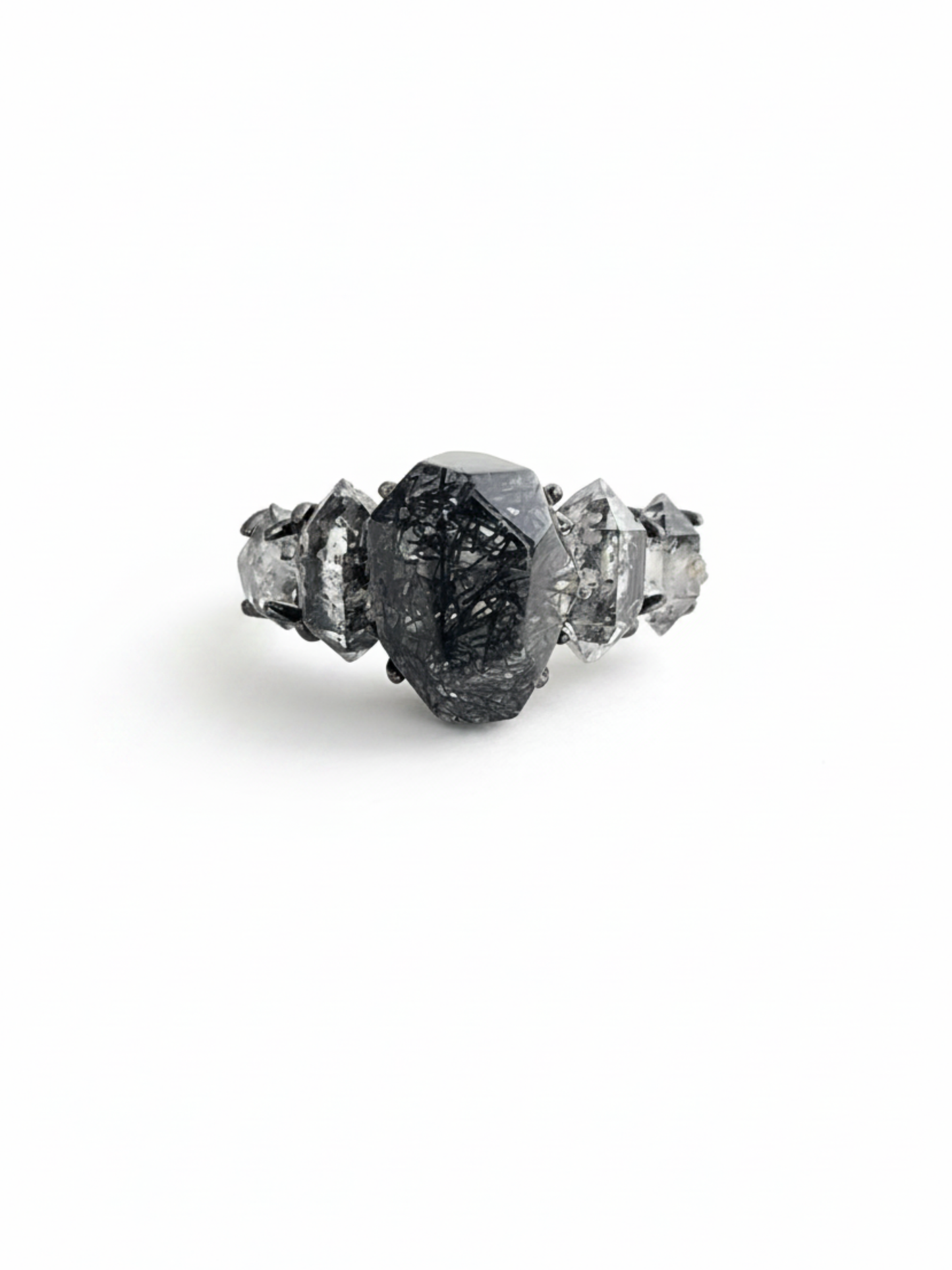 Black Rutilated Quartz & Black Herkimer Diamond Quartz Row Ring