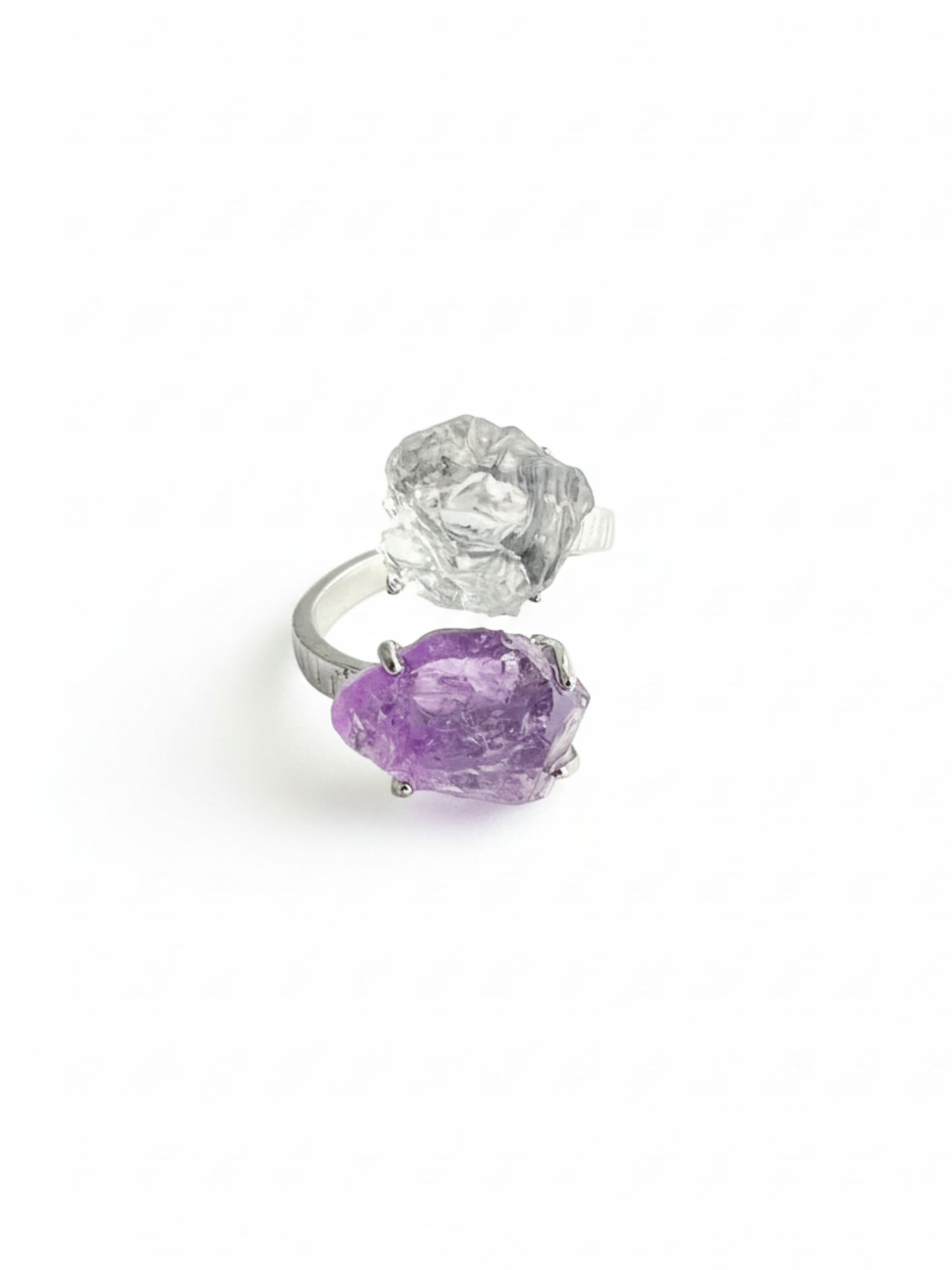 Amethyst and green quartz ring raw crystal twin ring from Brazil natural unpolished front view