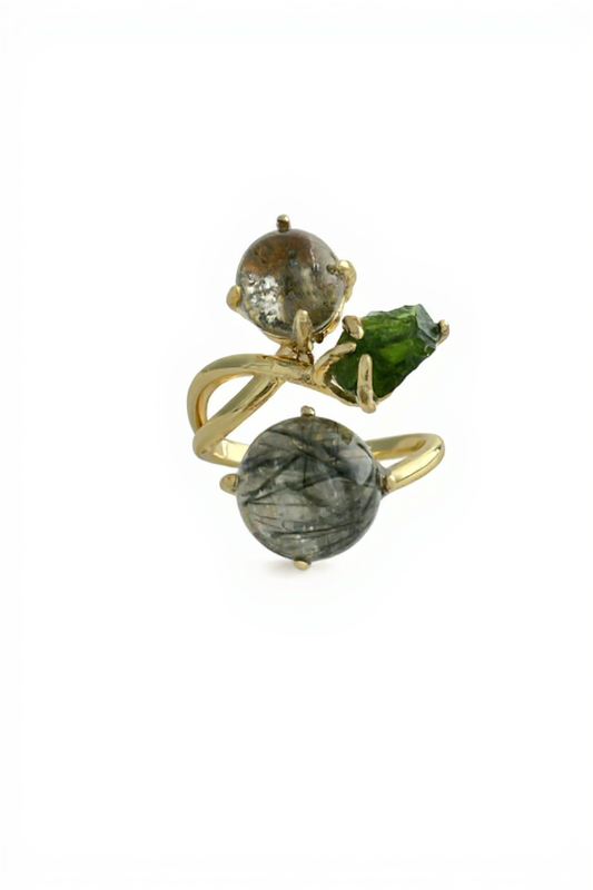 Actinolite quartz, phantom quartz and chrome diopside ring front view with green inclusions and raw crystal