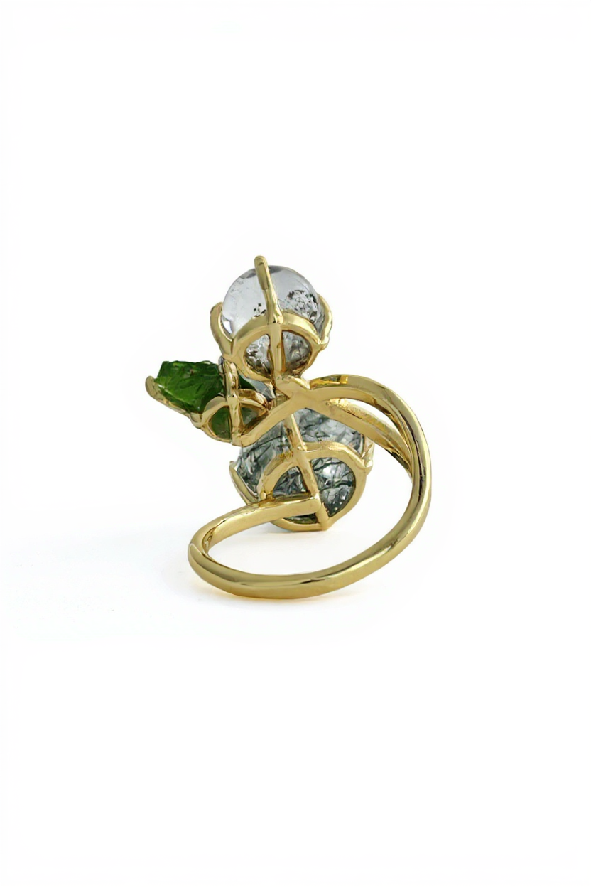 Back view of actinolite quartz, phantom quartz and chrome diopside ring showing adjustable open band
