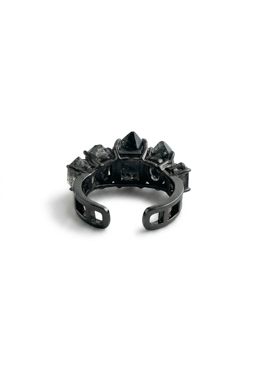 back view adjustable black herkimer diamond quartz ring