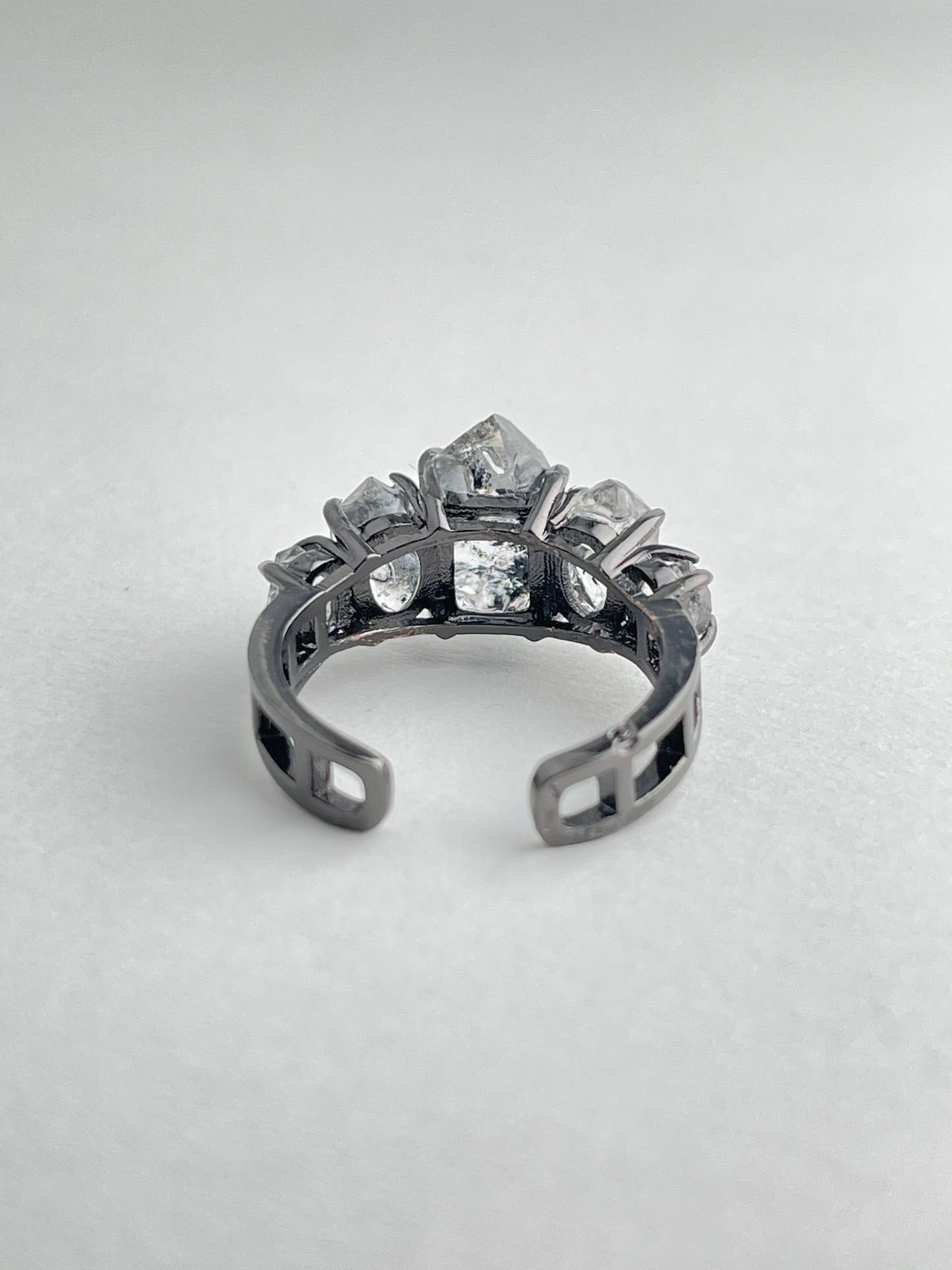 back view adjustable black herkimer diamond quartz ring