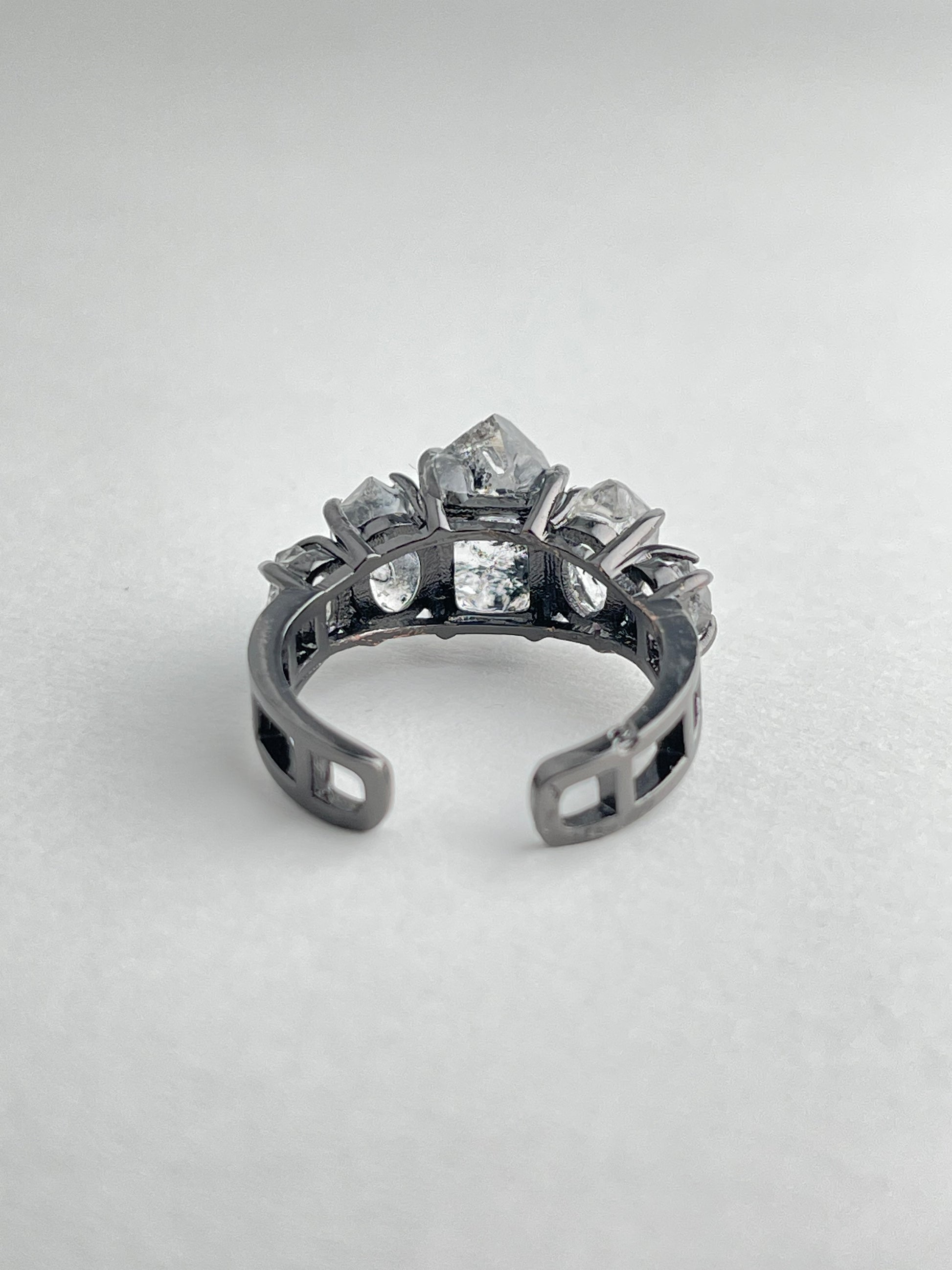 back view adjustable black herkimer diamond quartz ring
