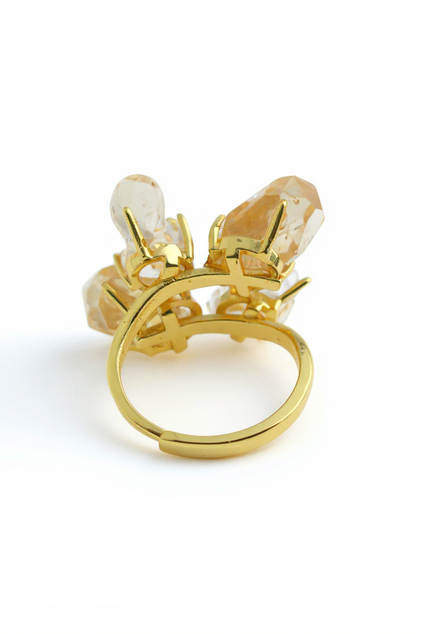 back view adjustable citrine & herkimer diamond quartz crystal blossom ring