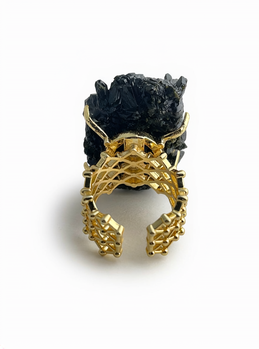 back view adjustable epidote crystal ring mineral specimen