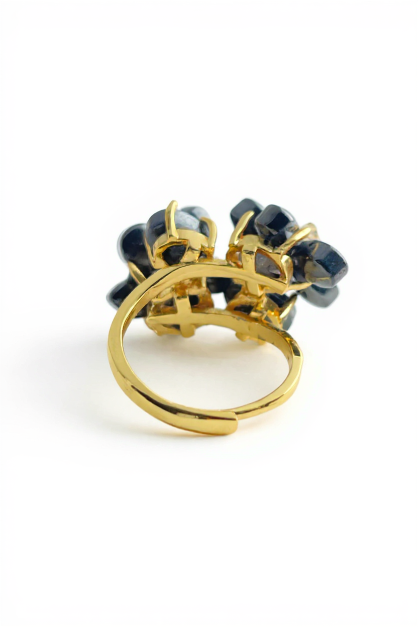 back view adjustable hematite crystal blossom ring