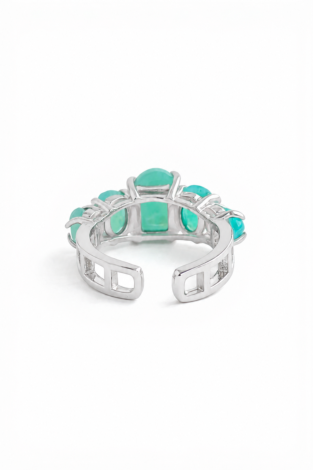Back view of amazonite band ring showing adjustable open band and row setting