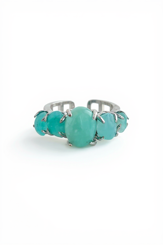 Amazonite band ring front view with blue green polished stones in silver tone setting