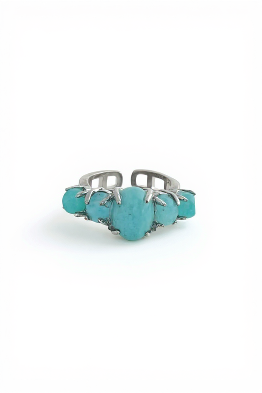 Amazonite band ring front view with blue green polished stones in silver tone setting