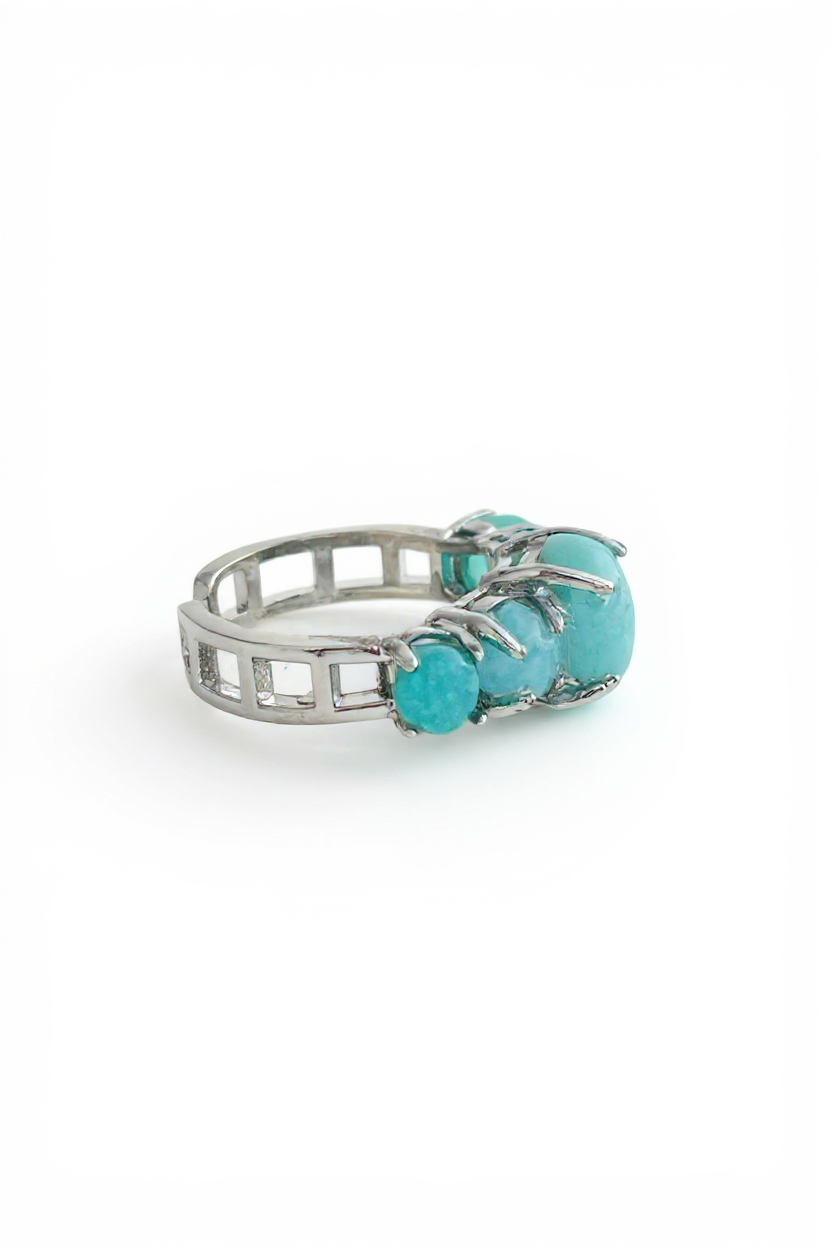 Side view of amazonite band ring with blue green polished stones and silver tone band