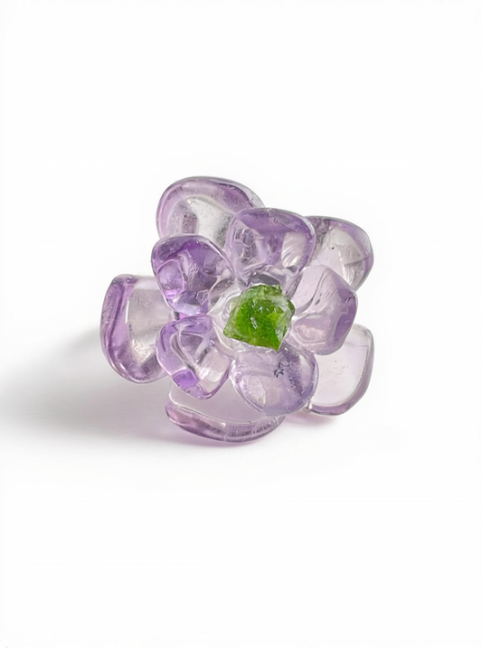 Amethyst and Chrome Diopside Flower Ring front view by Oryssia
