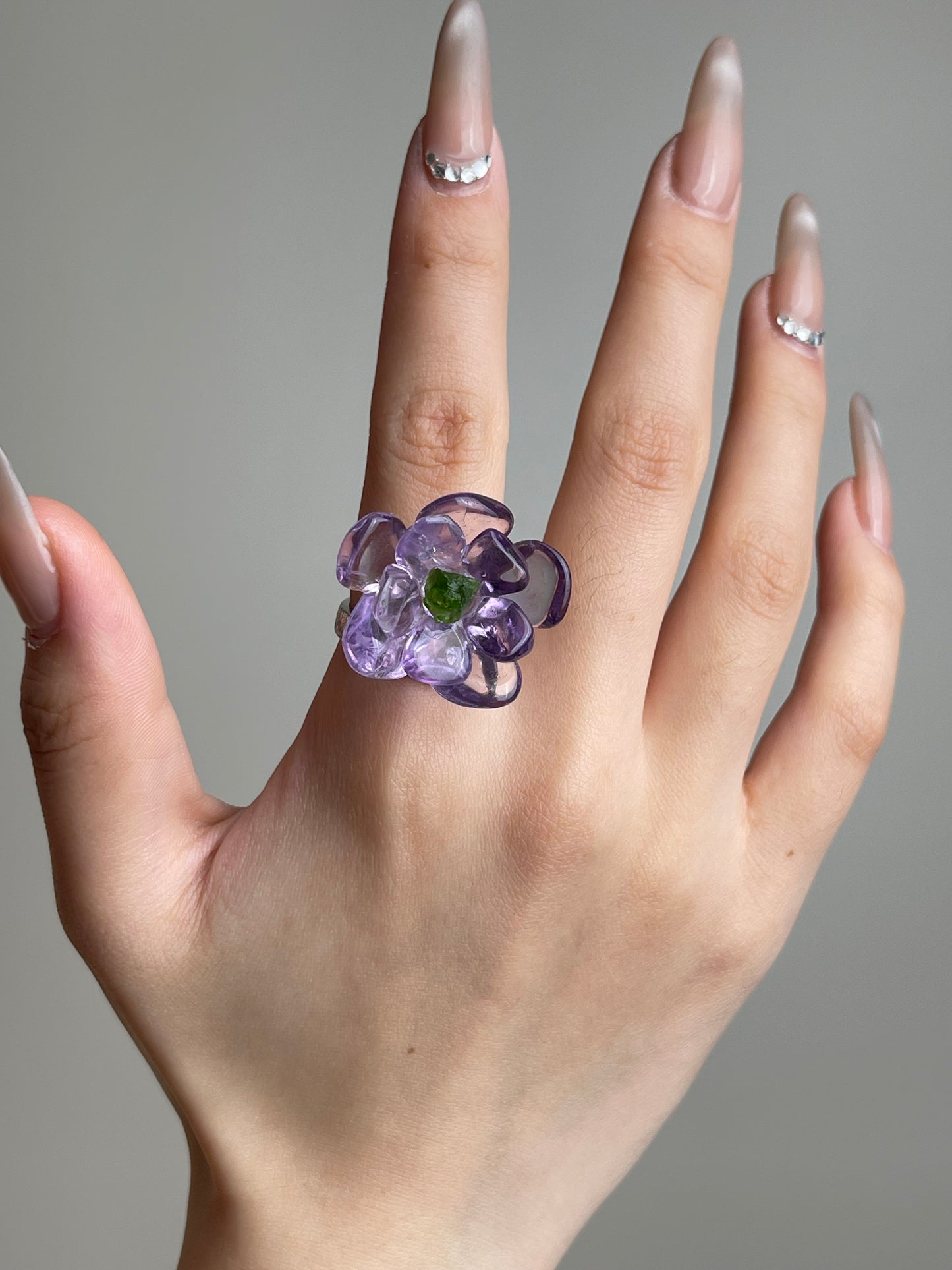 Amethyst and Chrome Diopside Ring worn on hand by Oryssia
