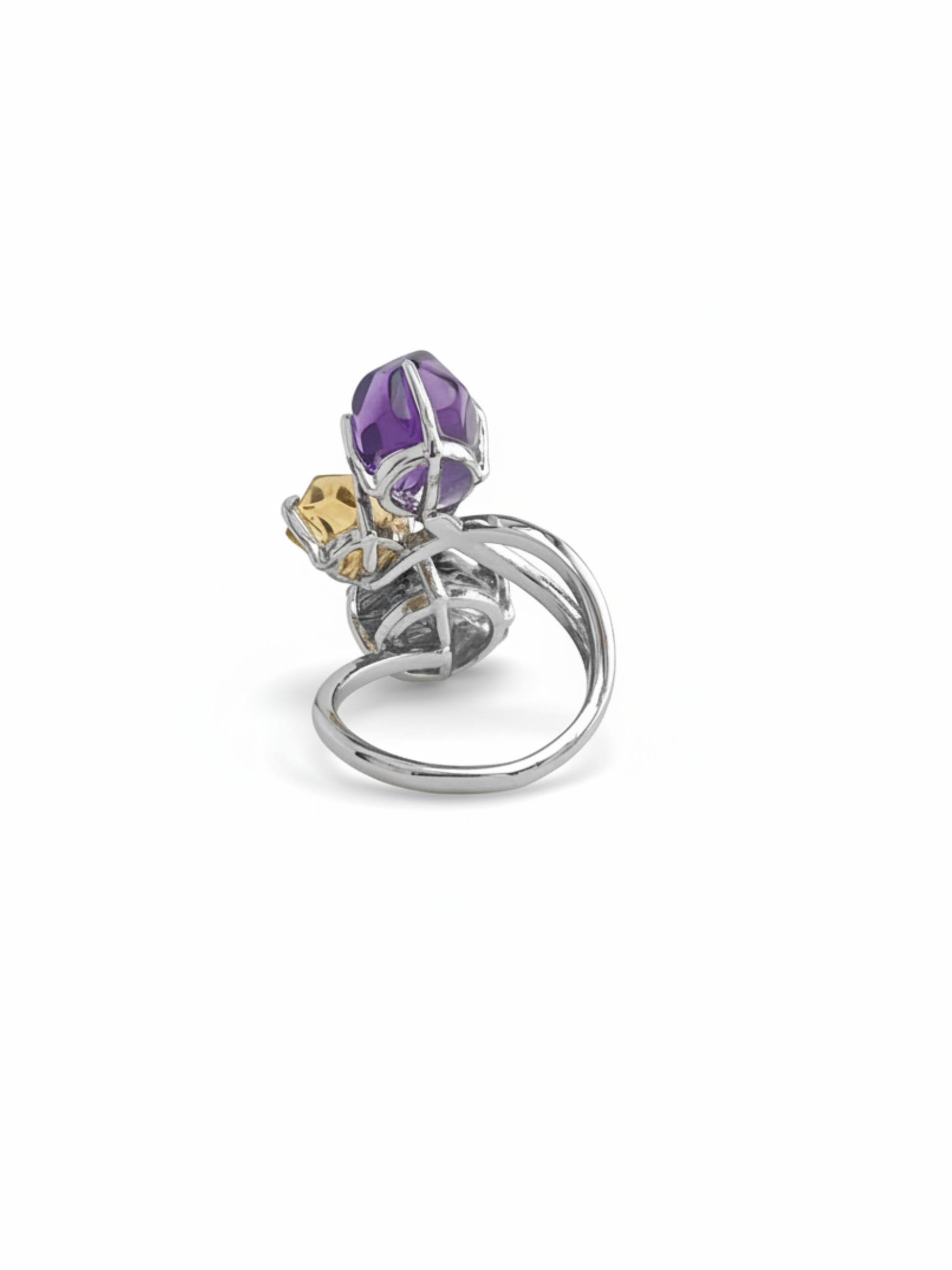 Back view of amethyst, citrine and black tourmalinated quartz freeform ring