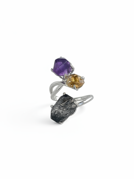 Amethyst, citrine and black tourmalinated quartz freeform ring front view