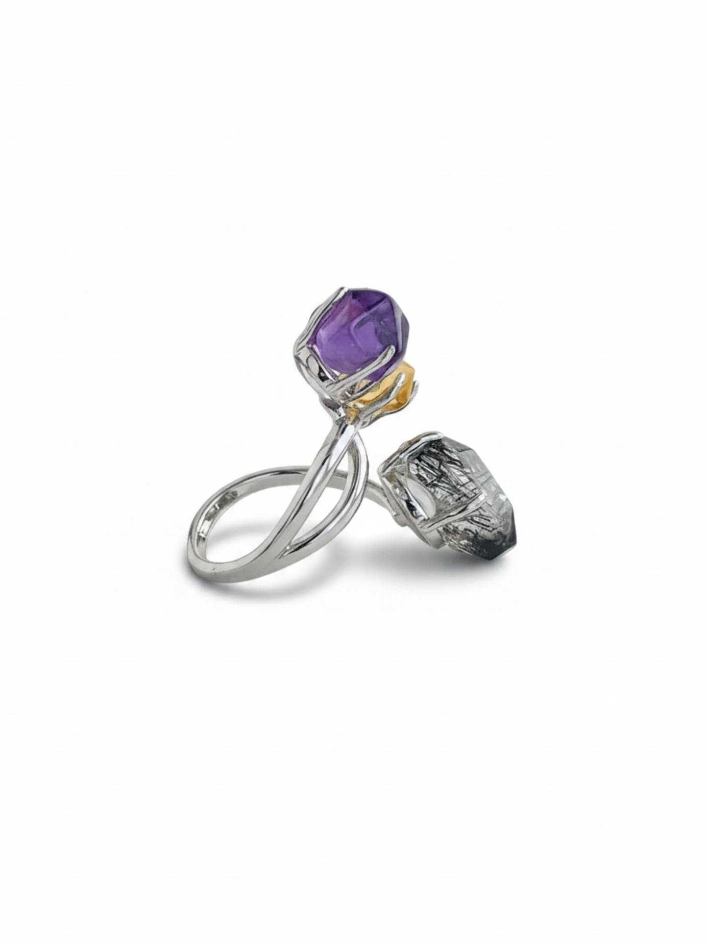 Side view of amethyst, citrine and black tourmalinated quartz freeform ring with silver tone band
