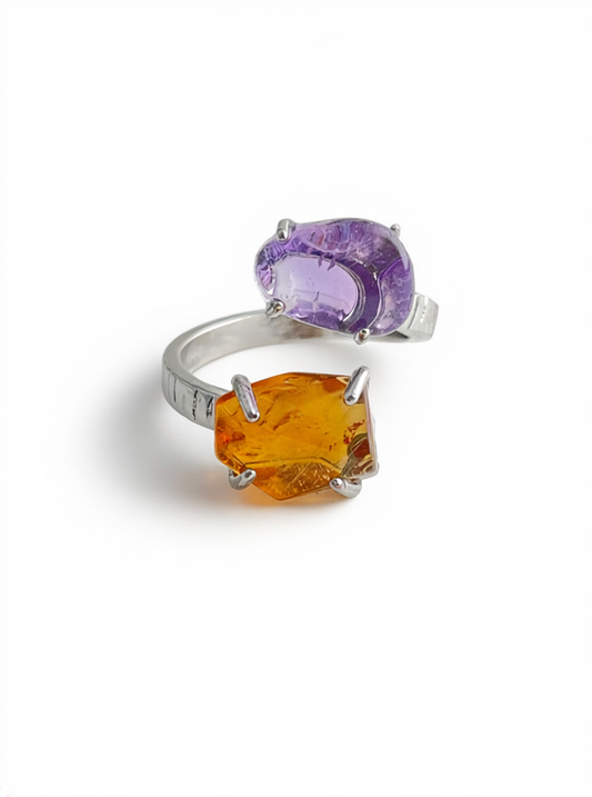 Amethyst and citrine twin stone ring front view in silver tone