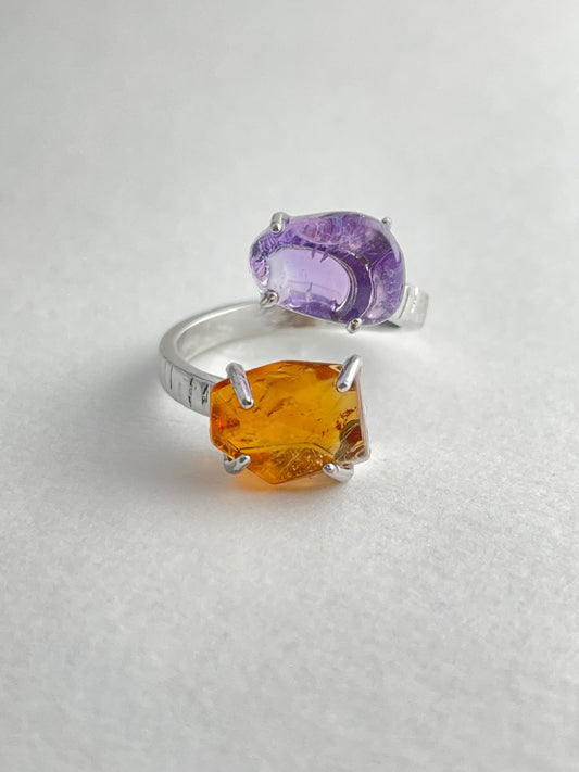 Amethyst and citrine twin stone ring front view in silver tone