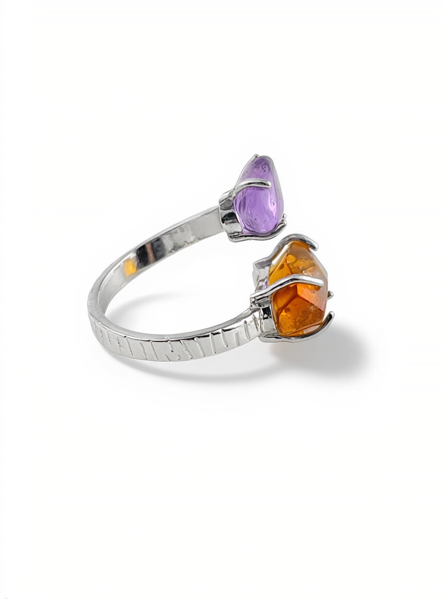 Side view of amethyst and citrine ring with adjustable band
