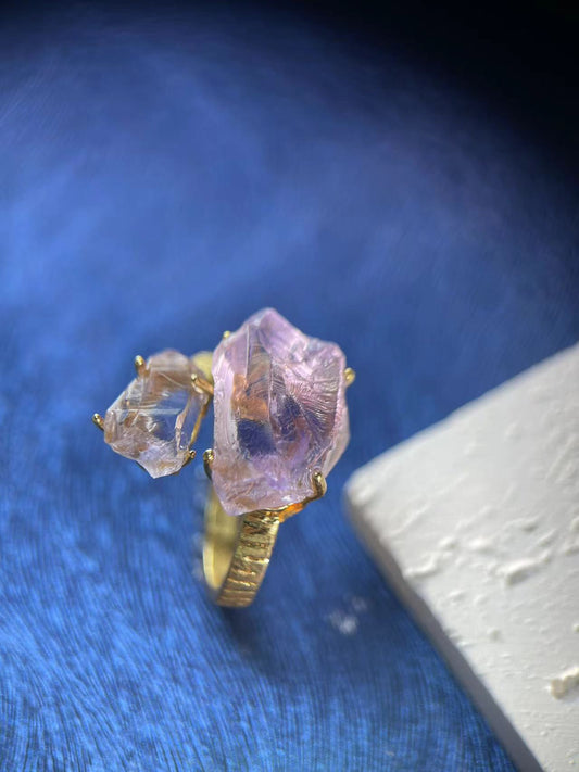 Amethyst & Clear Quartz Raw Crystal Ring