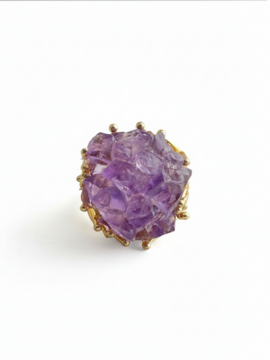 Amethyst cluster raw crystal bouquet ring front view