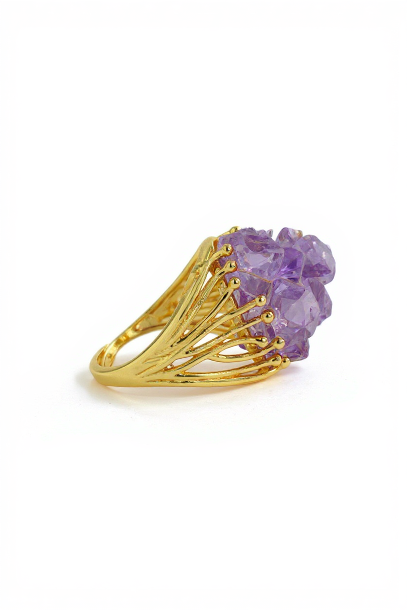 Side view of amethyst cluster raw crystal bouquet ring