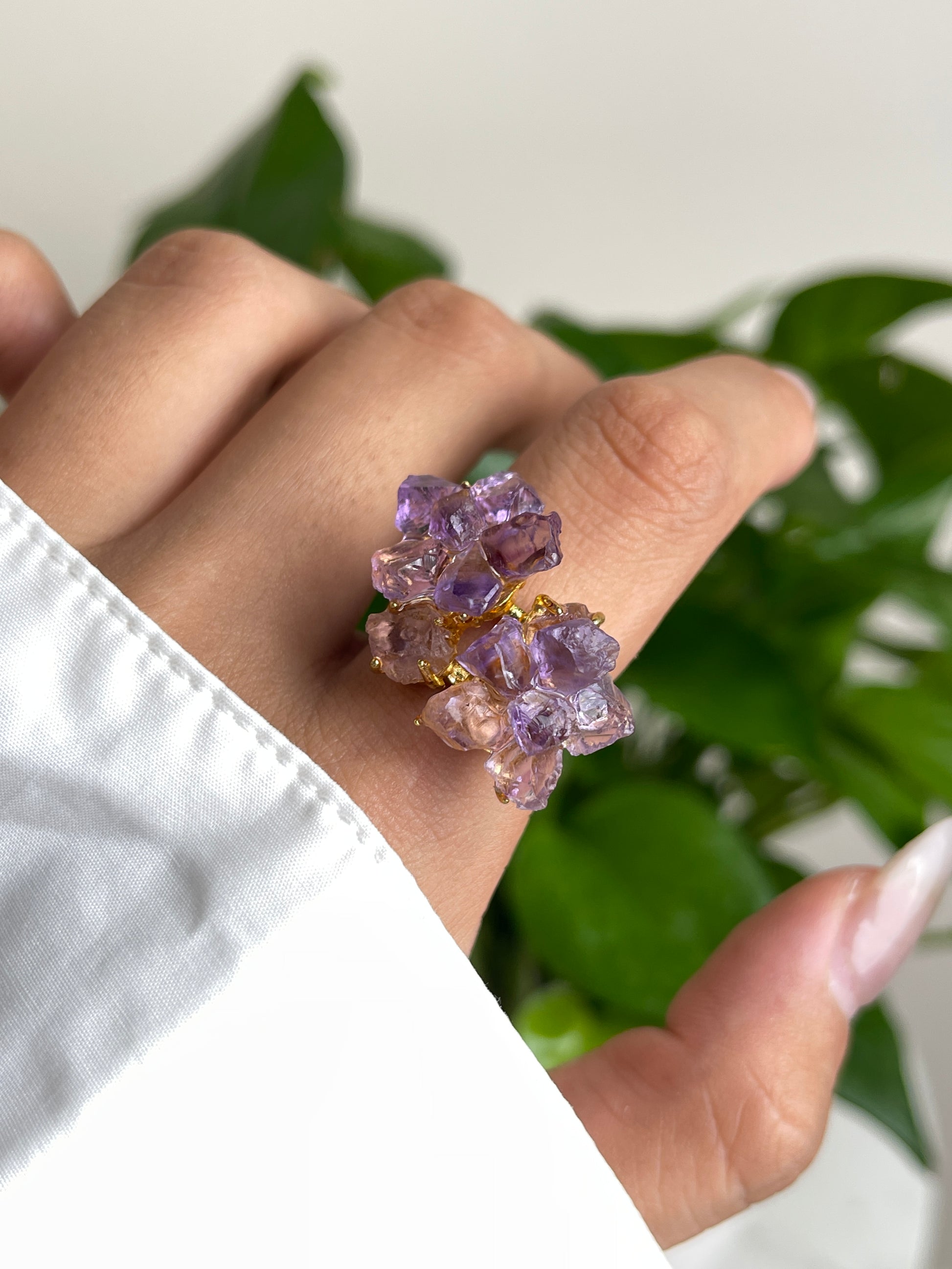 close up look amethyst crystal bloom ring