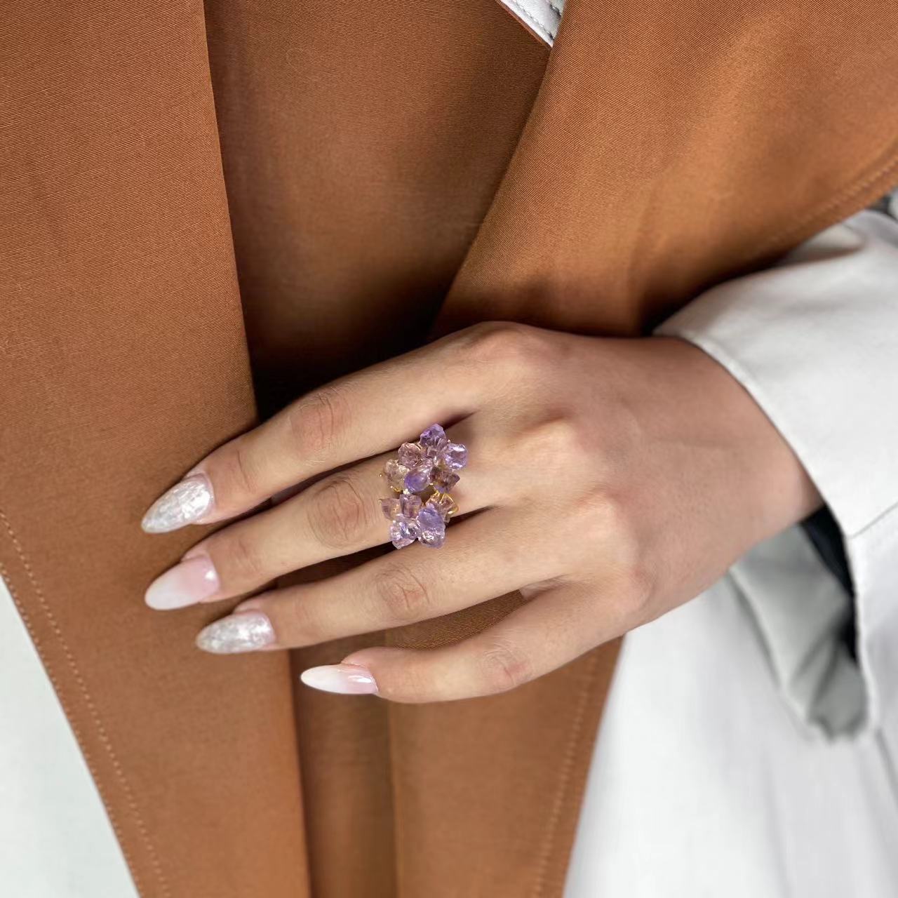 close up look amethyst crystal bloom ring