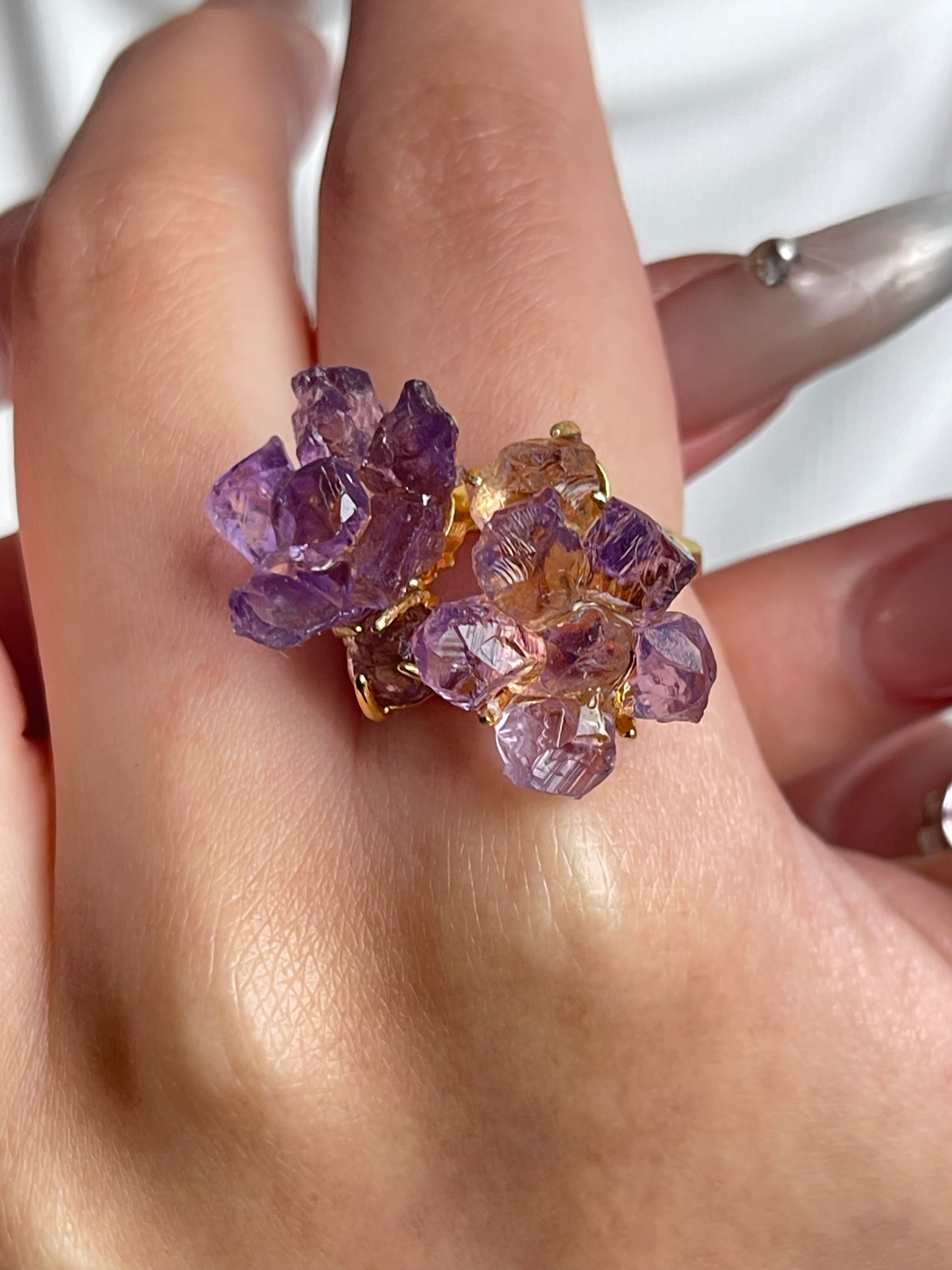 close up look amethyst crystal bloom ring