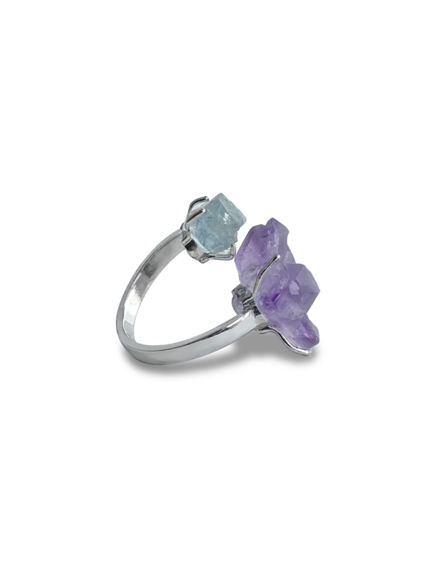 Side view of Amethyst flower and Aquamarine raw crystal ring