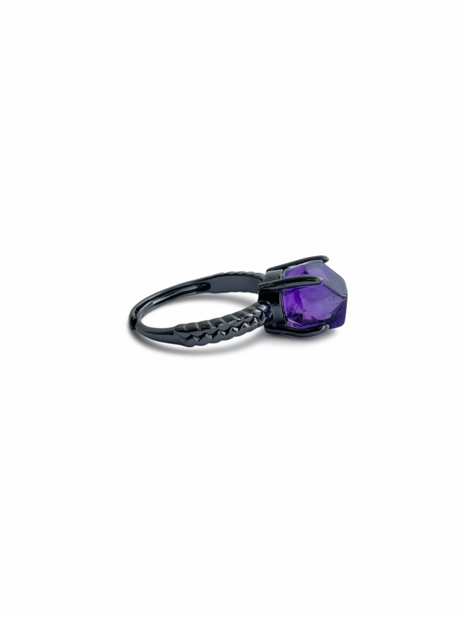 Side view of Brazilian amethyst freeform ring