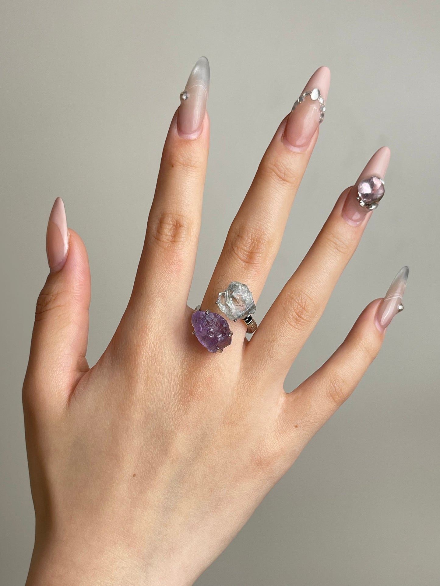 Amethyst and green quartz raw crystal twin ring worn on hand natural crystal jewelry