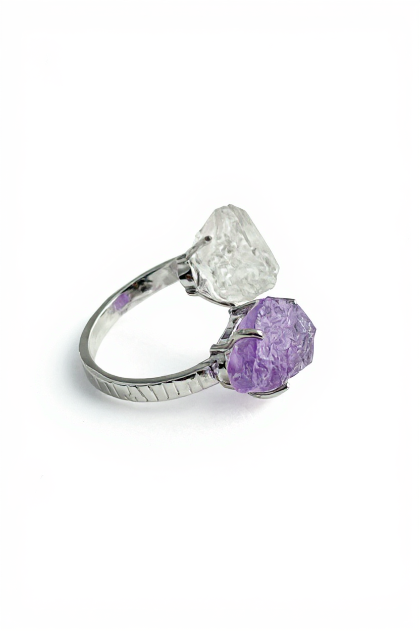 Side view of amethyst and green quartz raw crystal twin ring showing natural crystal structure