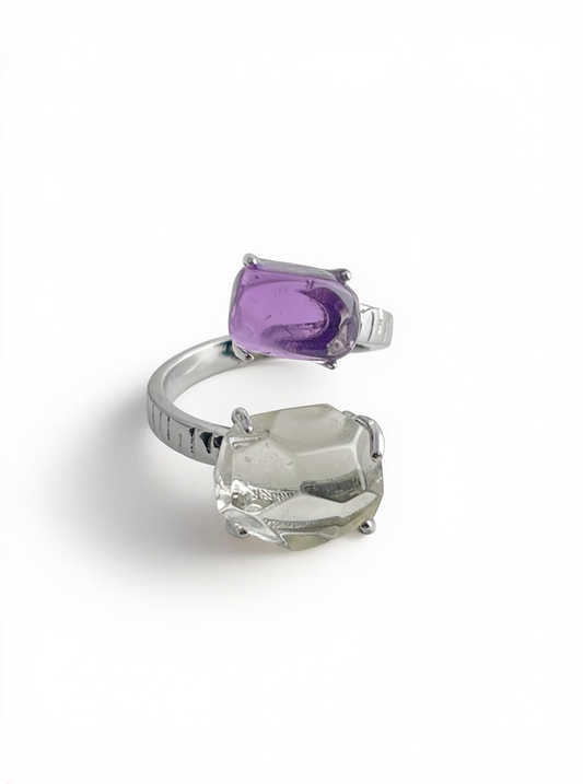 amethyst and green quartz twin ring polished crystal jewelry