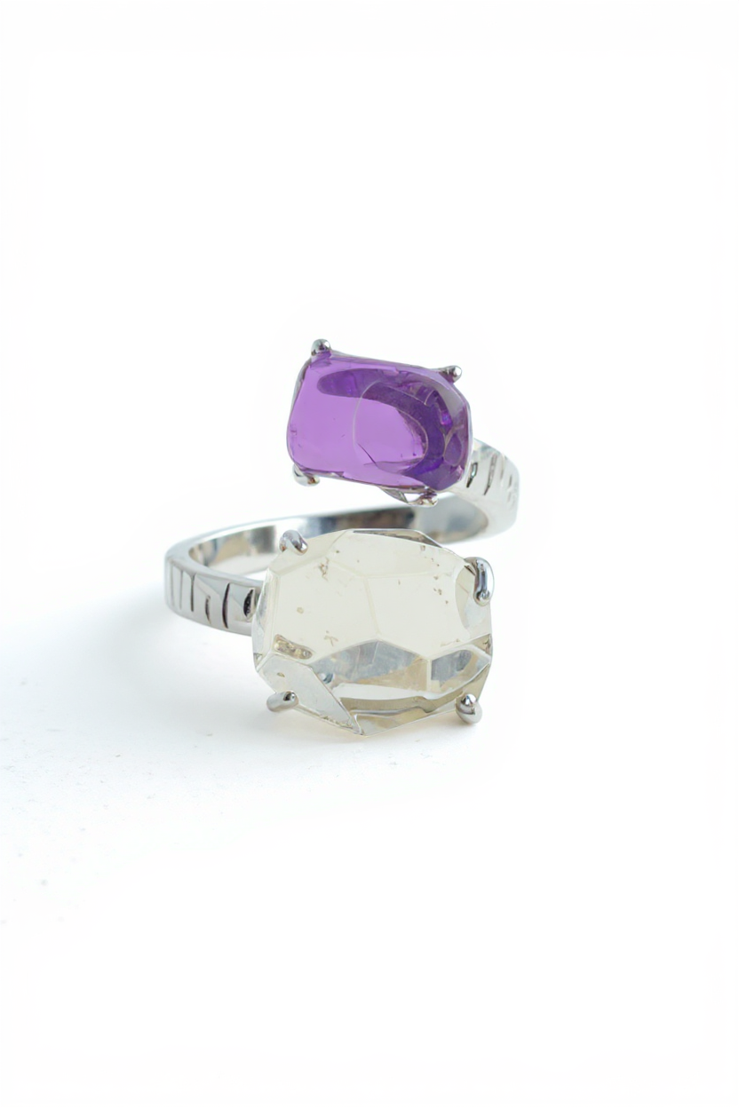 amethyst and green quartz twin ring polished crystal jewelry