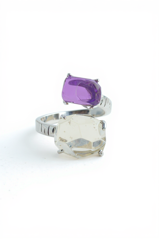 amethyst and green quartz twin ring polished crystal jewelry