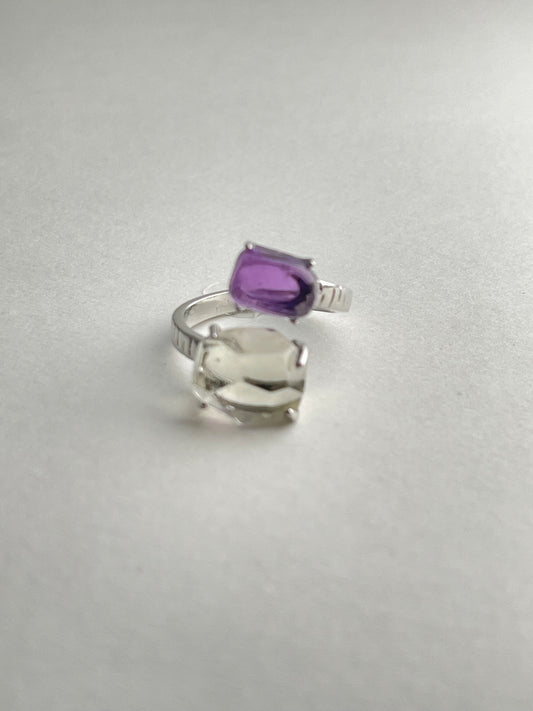 amethyst and green quartz twin ring polished crystal jewelry