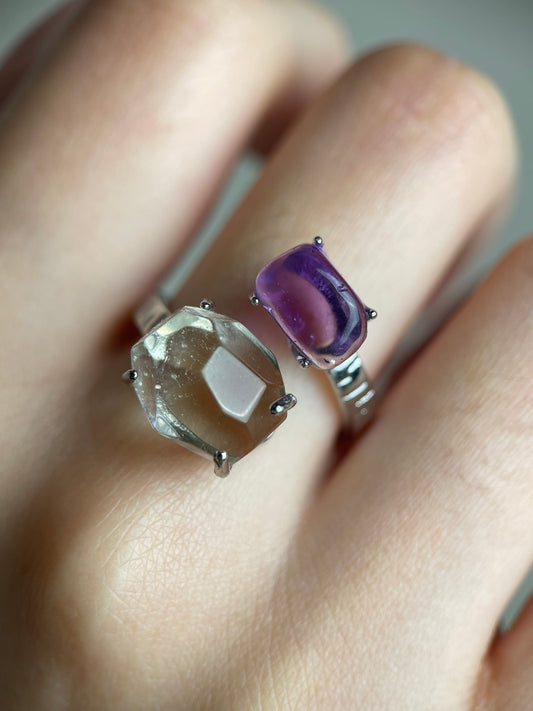 close up of amethyst and green quartz twin ring showing color contrast