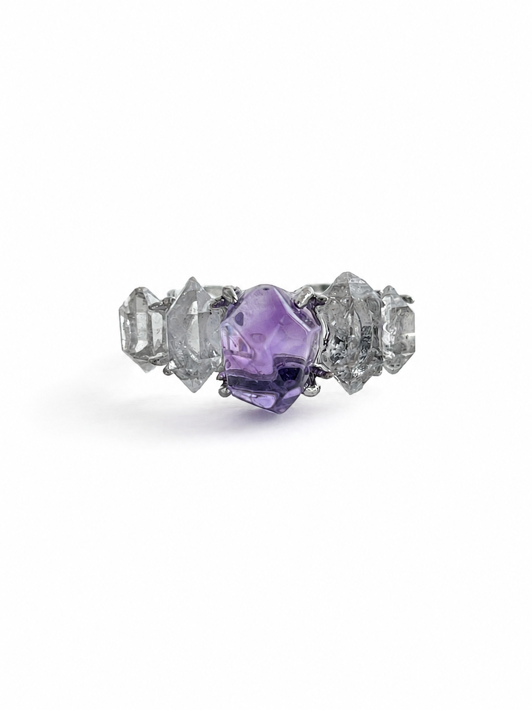 Amethyst and Herkimer Diamond Quartz band ring with freeform purple amethyst and clear crystal accents