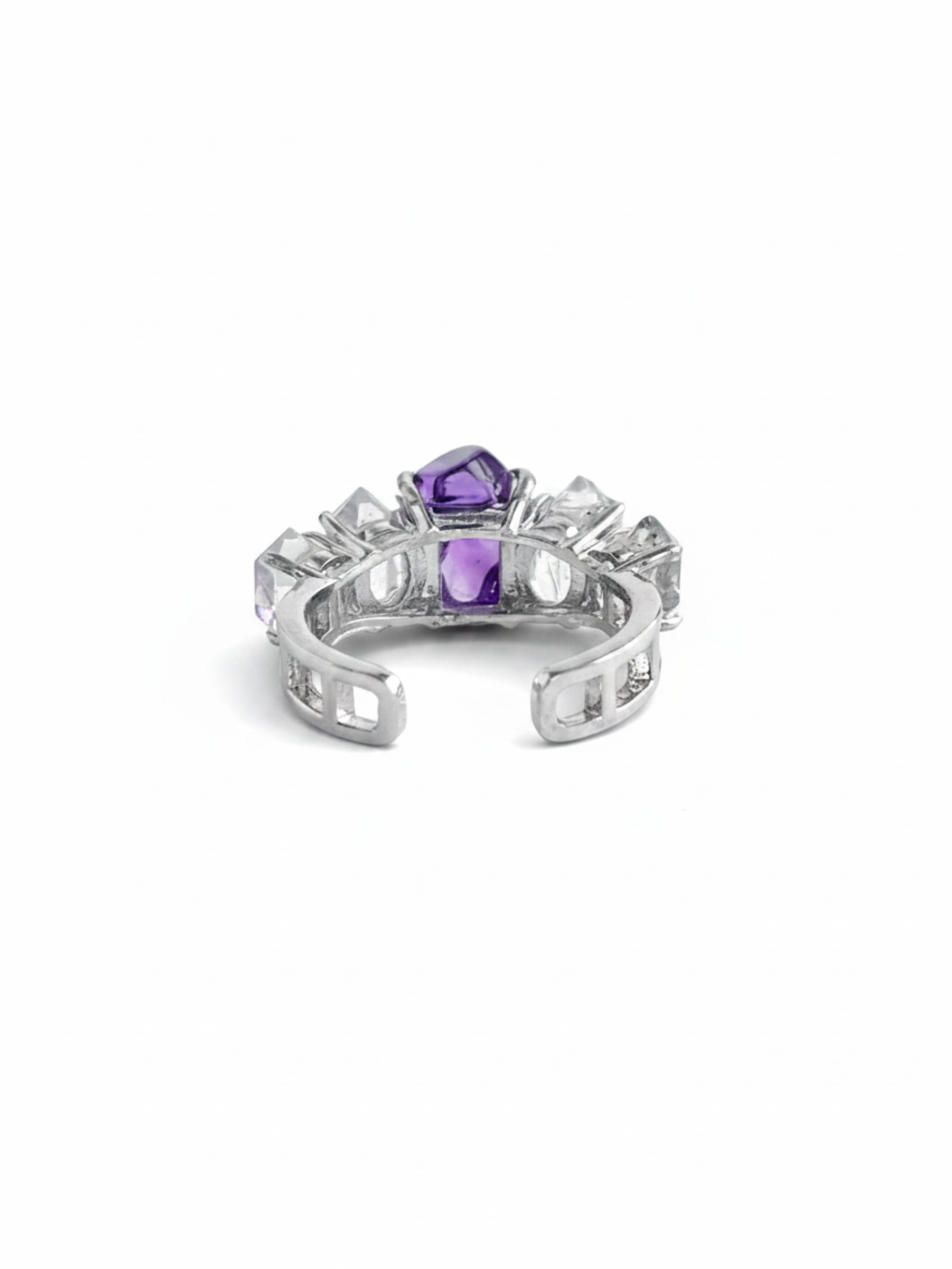 Back view of Amethyst and Herkimer Diamond Quartz band ring showing the adjustable open band and crystal setting