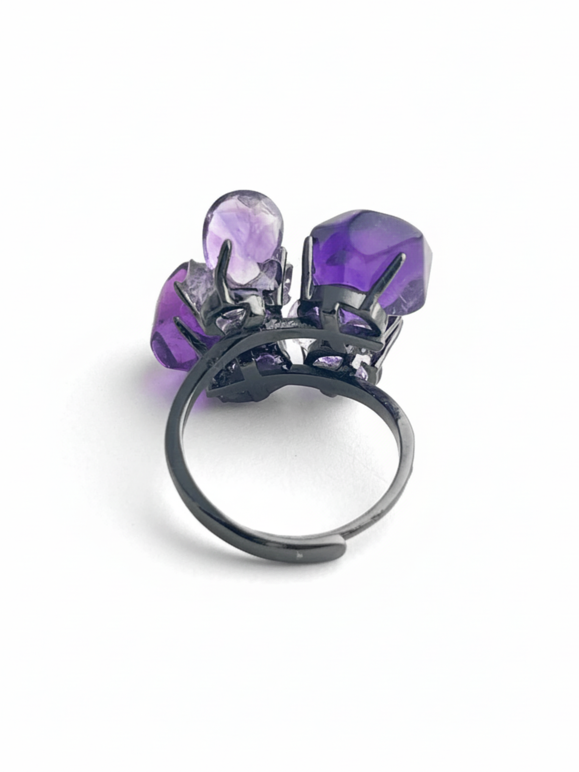 Back view of Amethyst and Herkimer Diamond Quartz adjustable ring