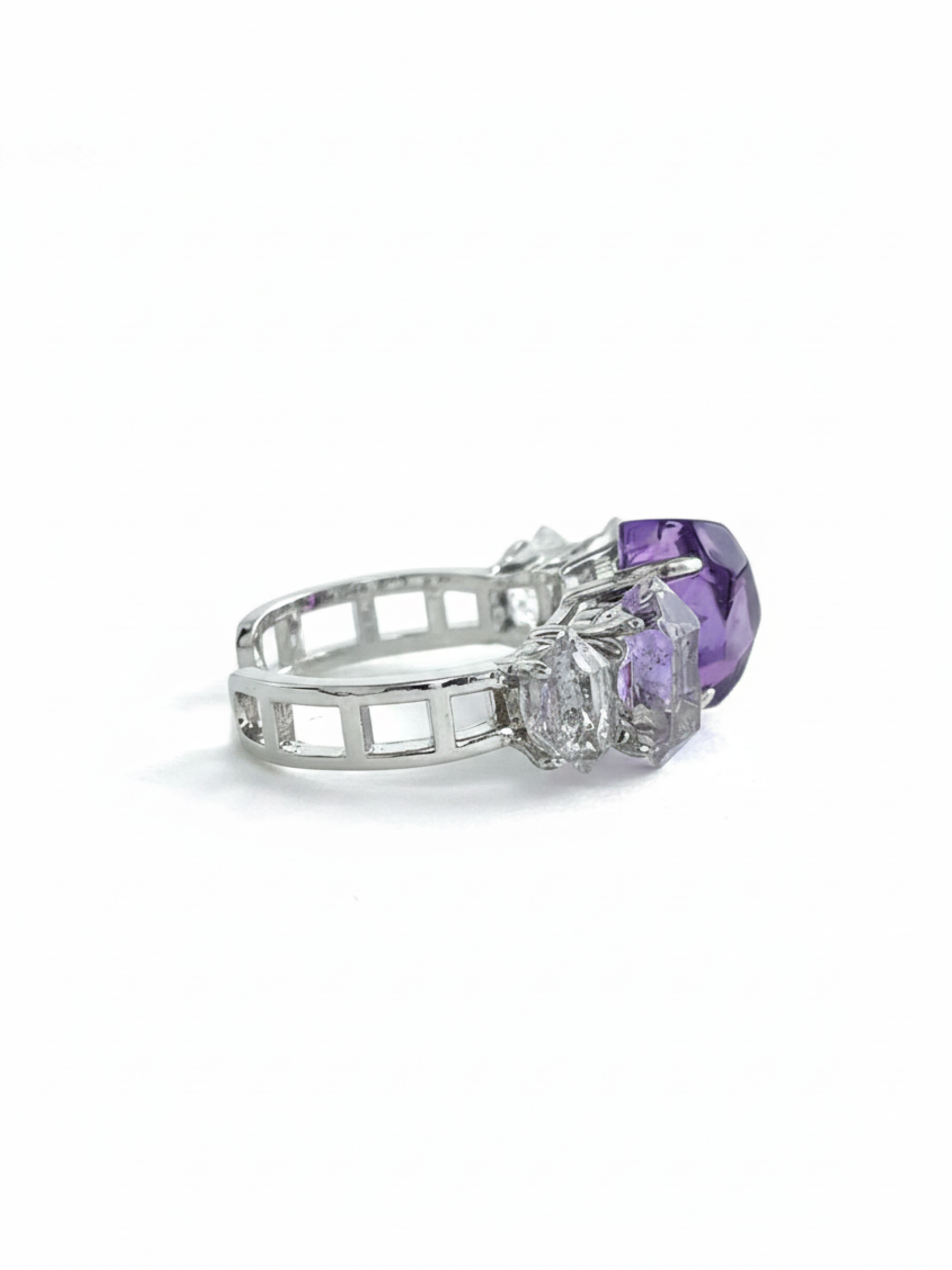 Side view of Amethyst and Herkimer Diamond Quartz band ring showing crystal height and silver tone setting