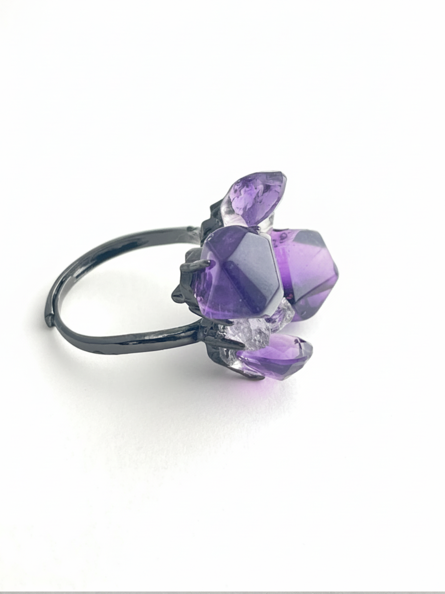 Side view of Twin Bloom Amethyst and Herkimer Diamond Quartz ring