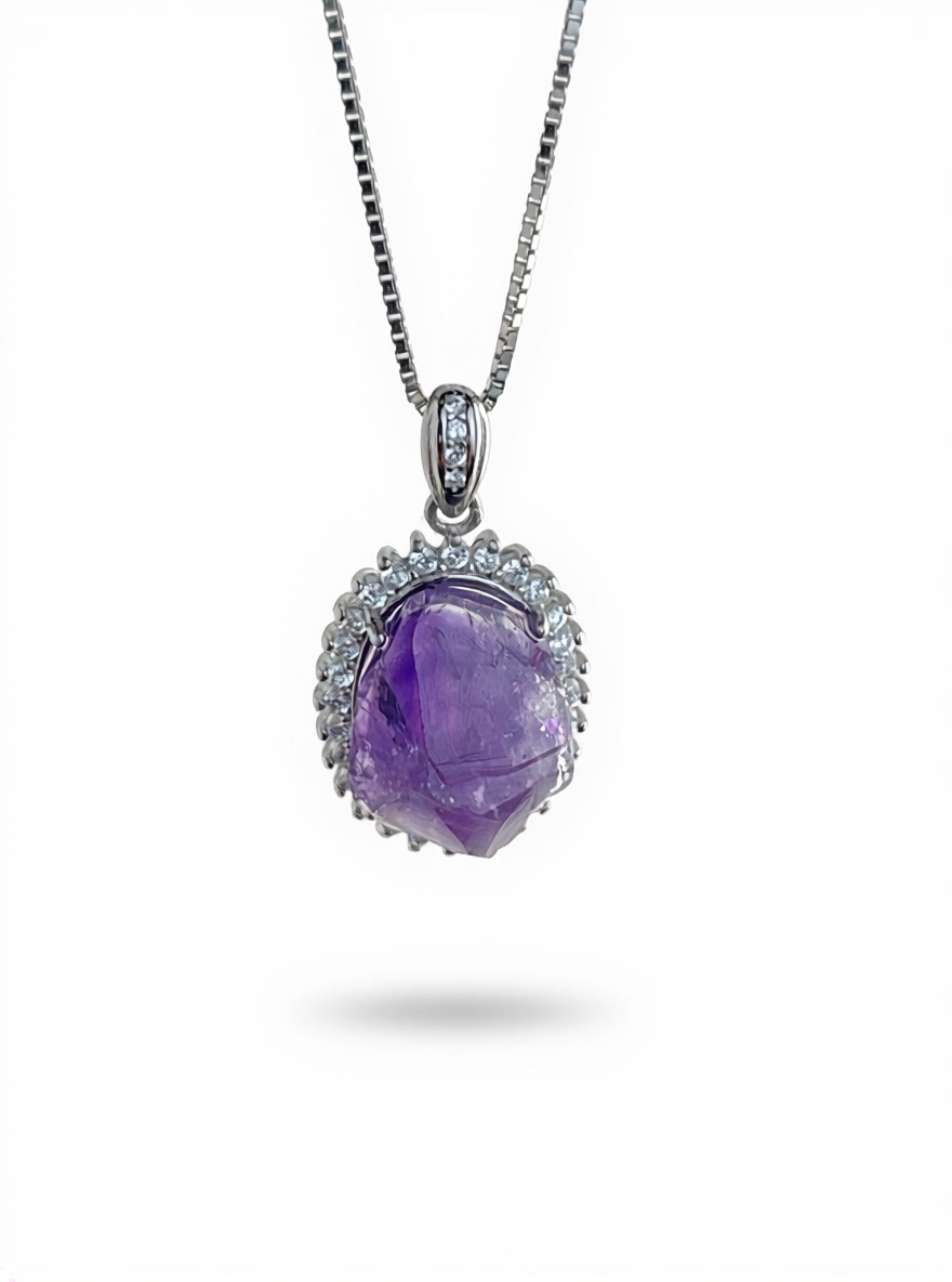 Amethyst necklace with Brazilian Amethyst in sterling silver front view