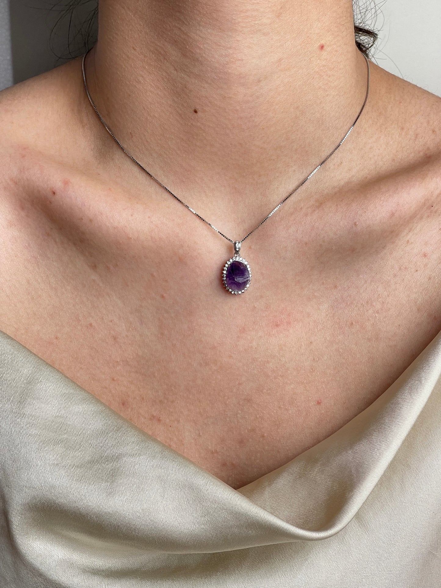 Amethyst necklace with Brazilian Amethyst in sterling silver worn on neck