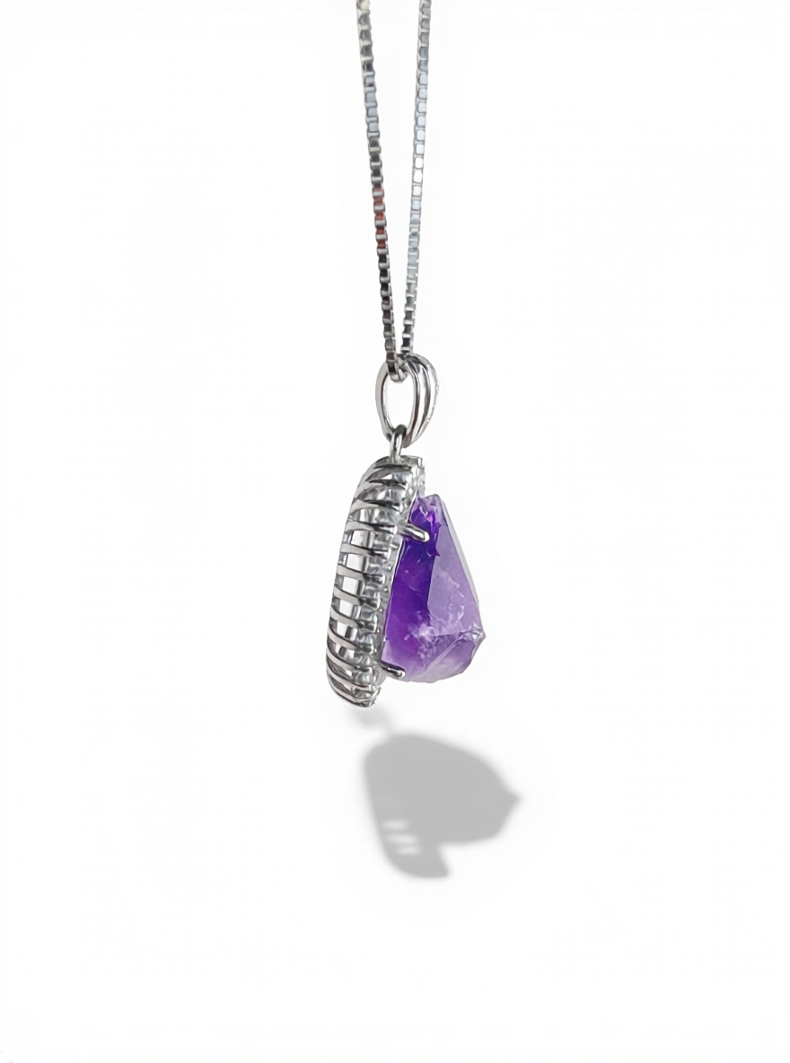 Side view of amethyst necklace with Brazilian Amethyst pendant