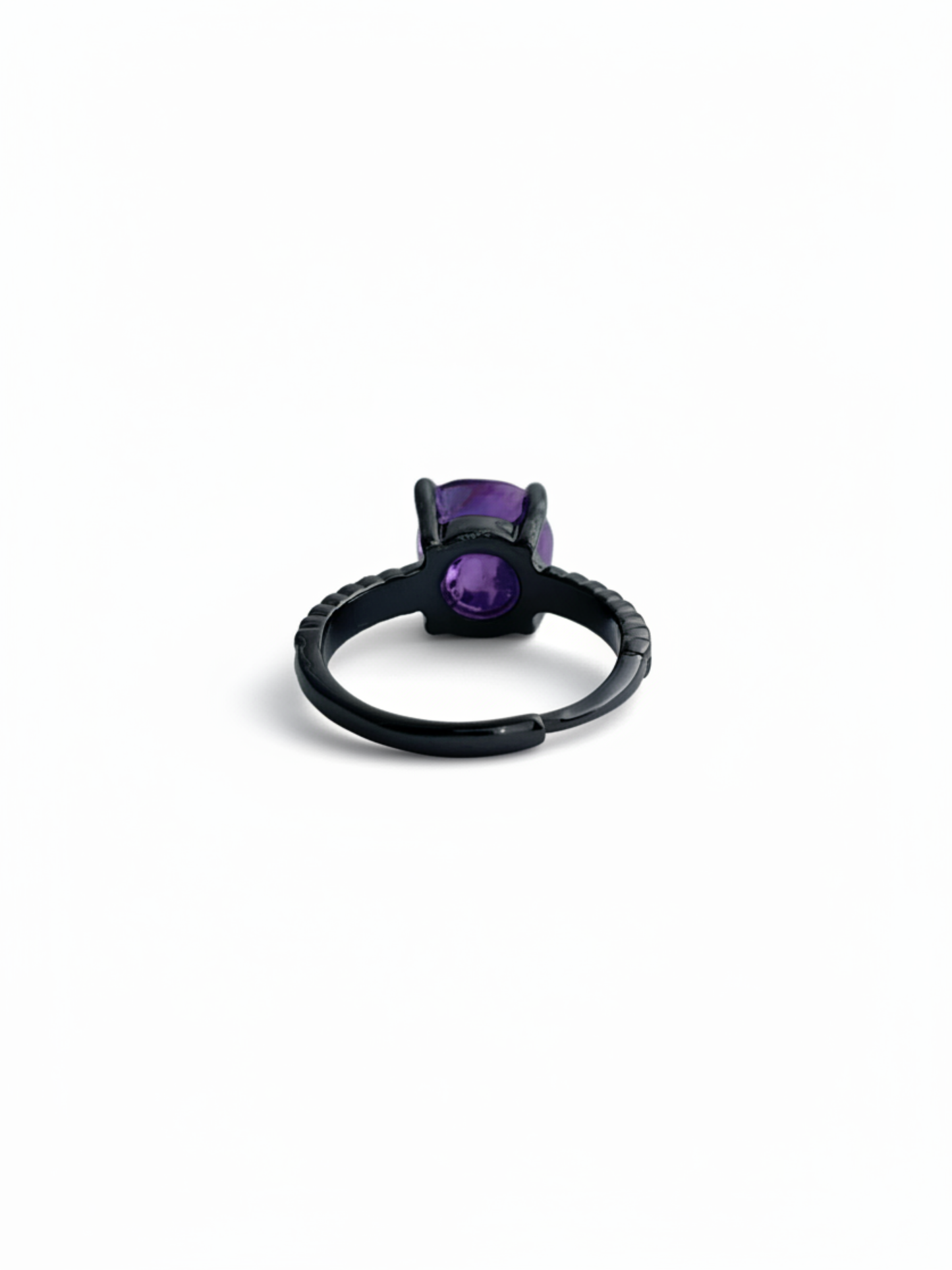 Back view of adjustable amethyst ring with black rhodium plating